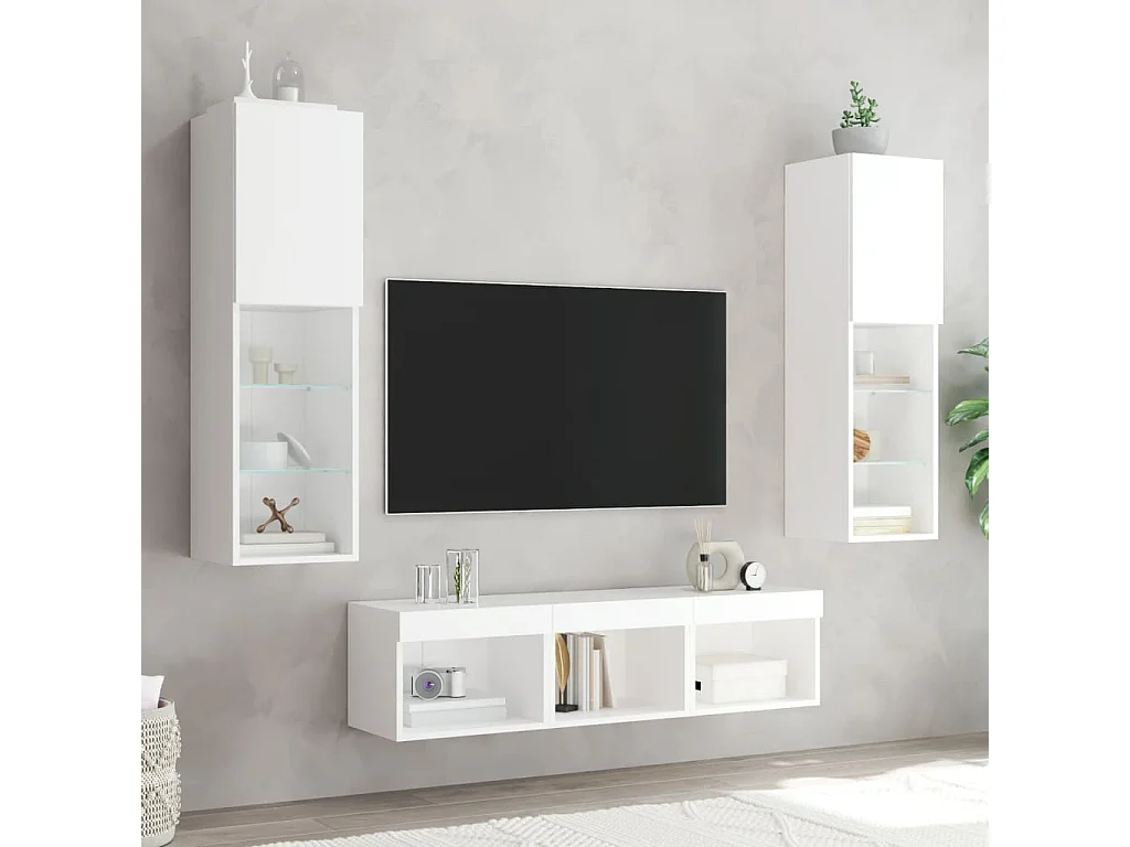 Unité murale TV avec LED 5 pc blanc bois d'ingénierie