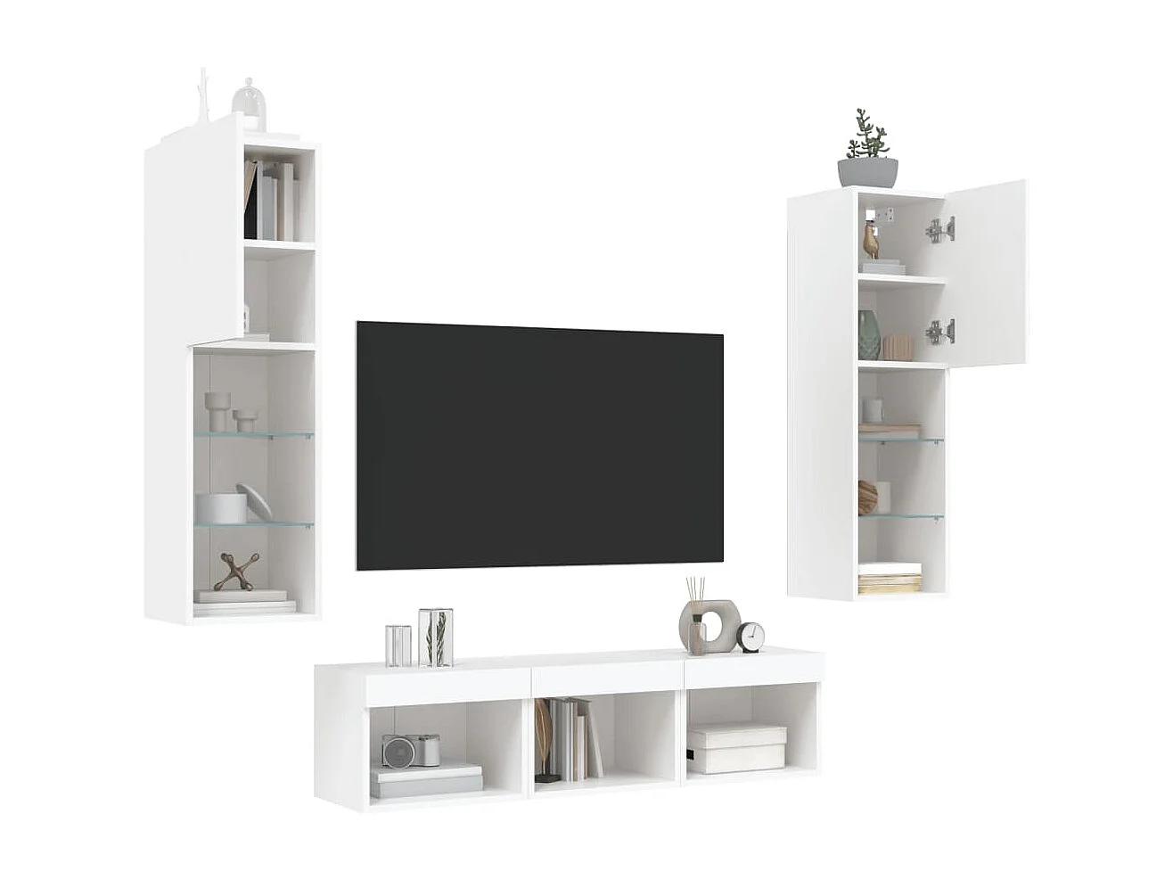Unité murale TV avec LED 5 pc blanc bois d'ingénierie