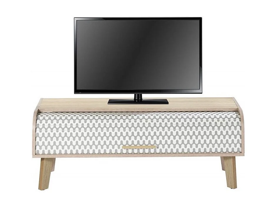 Meuble TV rideau chêne clair et rideau imprimé vague grise Happy 114cm
