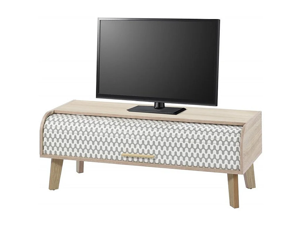 Meuble TV rideau chêne clair et rideau imprimé vague grise Happy 114cm