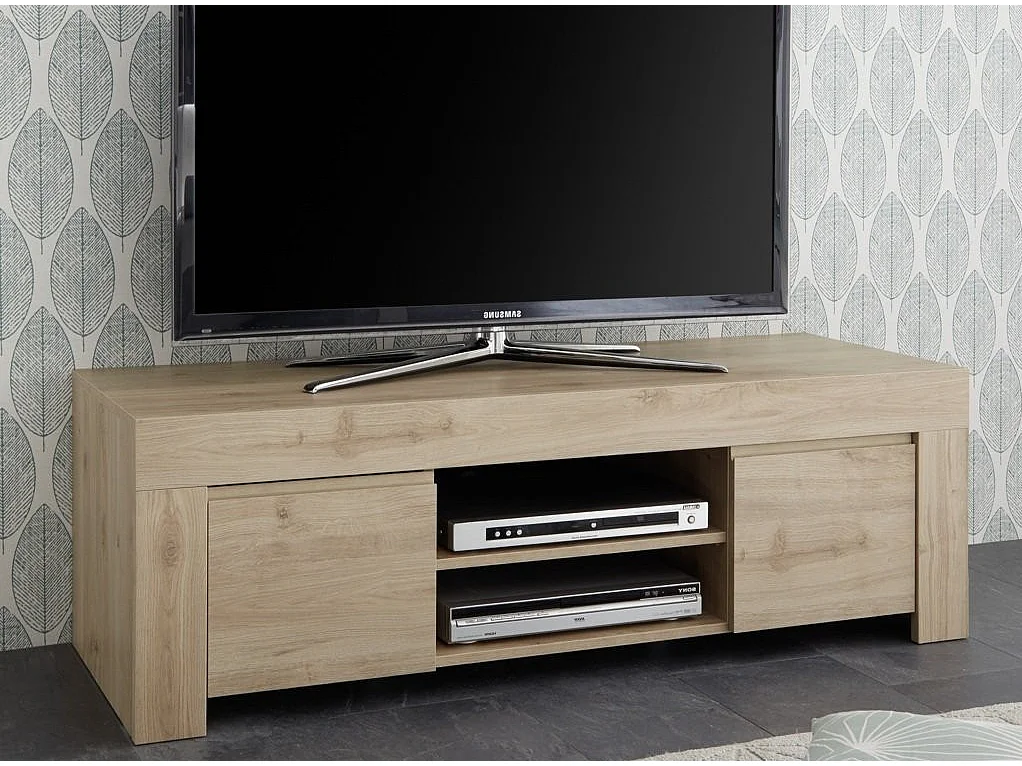 Meuble TV 2 porte bois mélaminé chêne clair Napan L 138cm