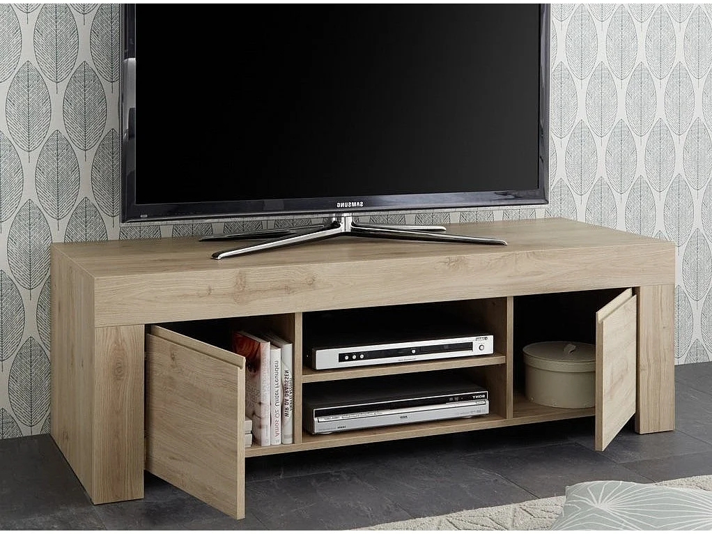 Meuble TV 2 porte bois mélaminé chêne clair Napan L 138cm