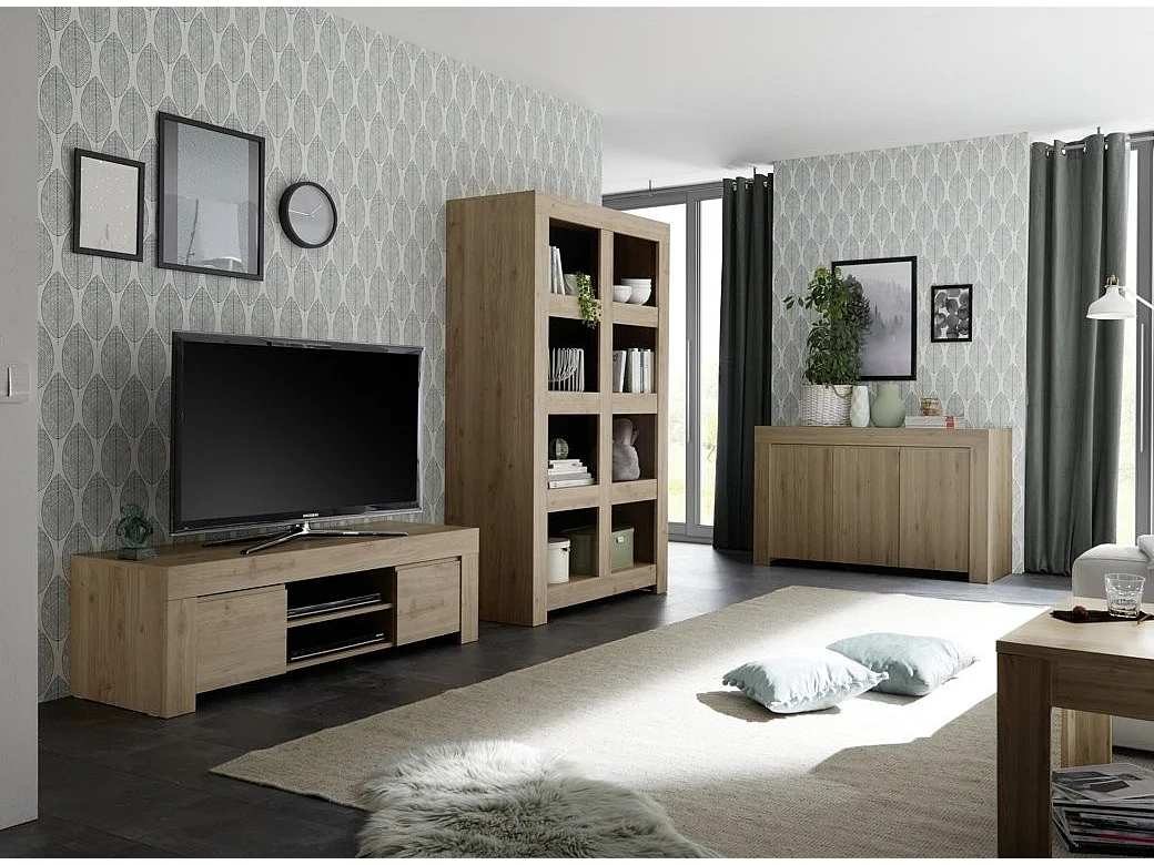 Meuble TV 2 porte bois mélaminé chêne clair Napan L 138cm