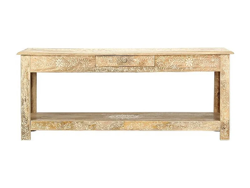 Table base rectangulaire 1 tiroir manguier massif clair sculpté Ratu
