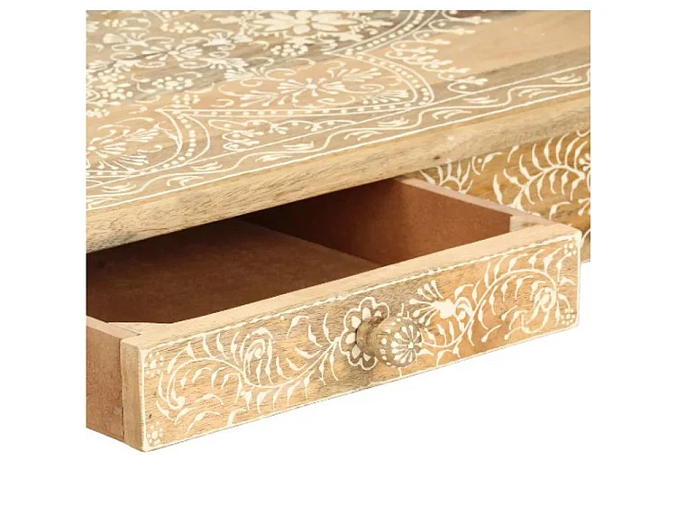 Table base rectangulaire 1 tiroir manguier massif clair sculpté Ratu