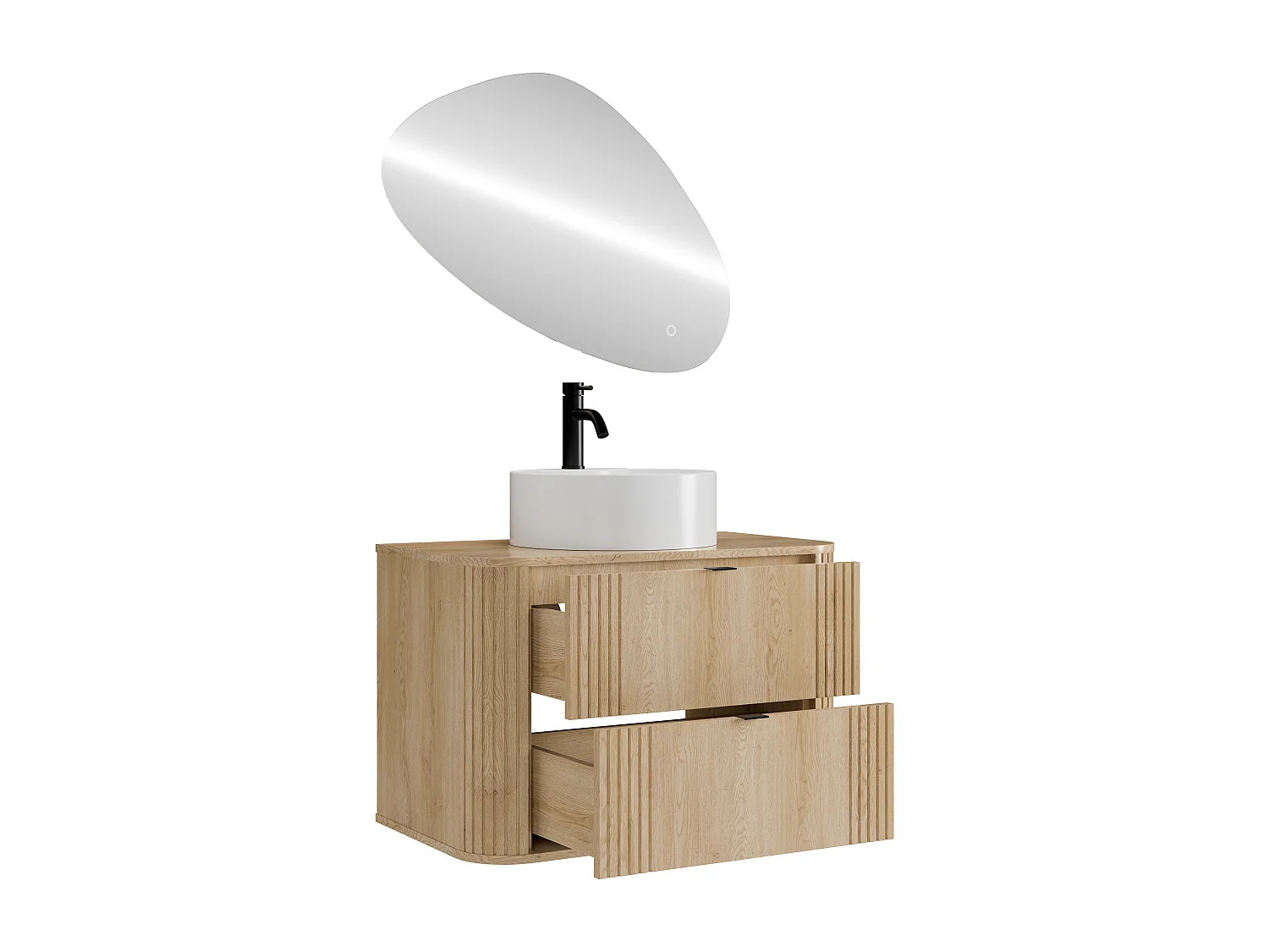 Hängender Badschrank mit Aufsatzwaschbecken rund, Armatur und Spiegel - Helles Naturholz - 80 cm - FILOR