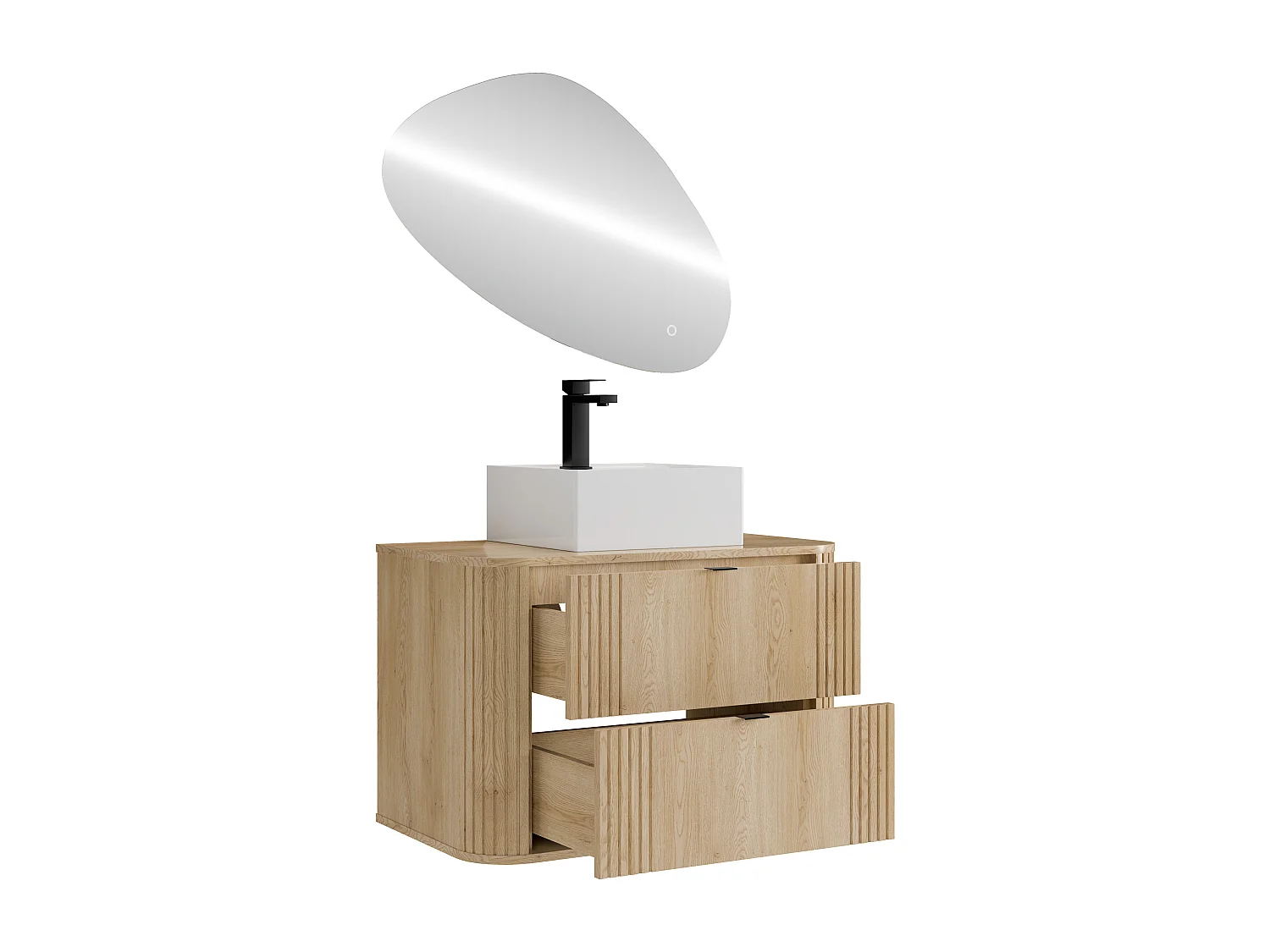 Hängender Badschrank mit Aufsatzwaschbecken quadratisch, Armatur und Spiegel - Helles Naturholz - 80 cm - FILOR