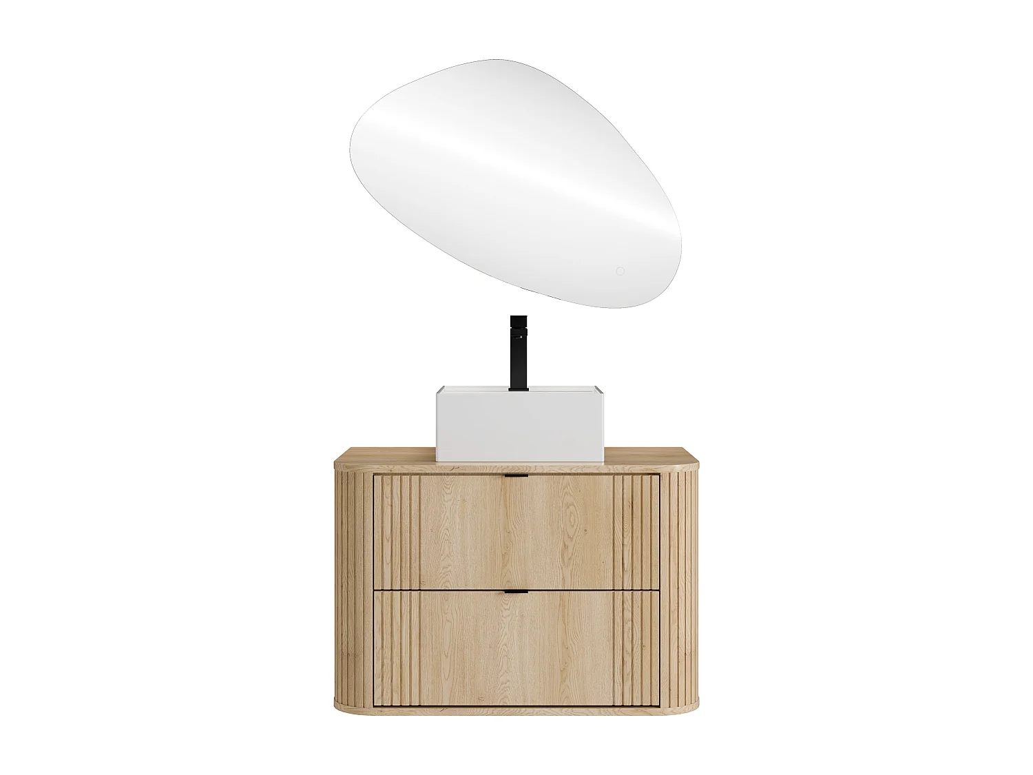 Hängender Badschrank mit Aufsatzwaschbecken quadratisch, Armatur und Spiegel - Helles Naturholz - 80 cm - FILOR