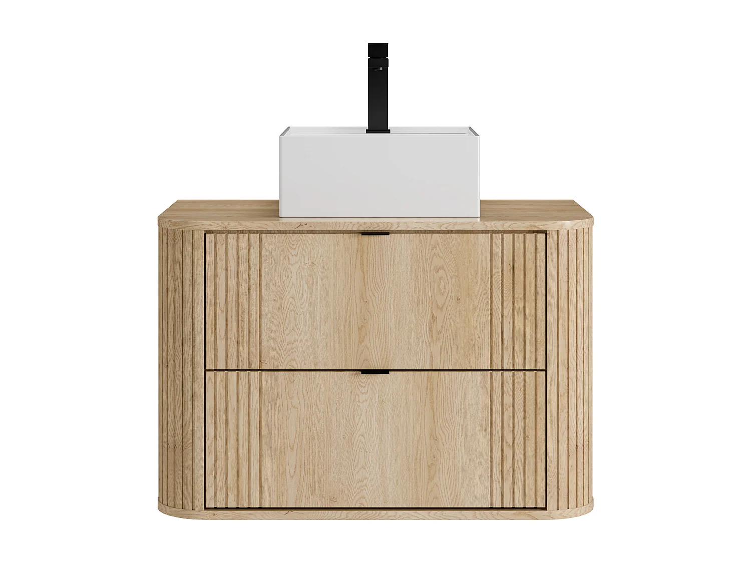 Hängender Badschrank mit Aufsatzwaschbecken quadratisch und Armatur - Helles Naturholz - 80 cm - FILOR