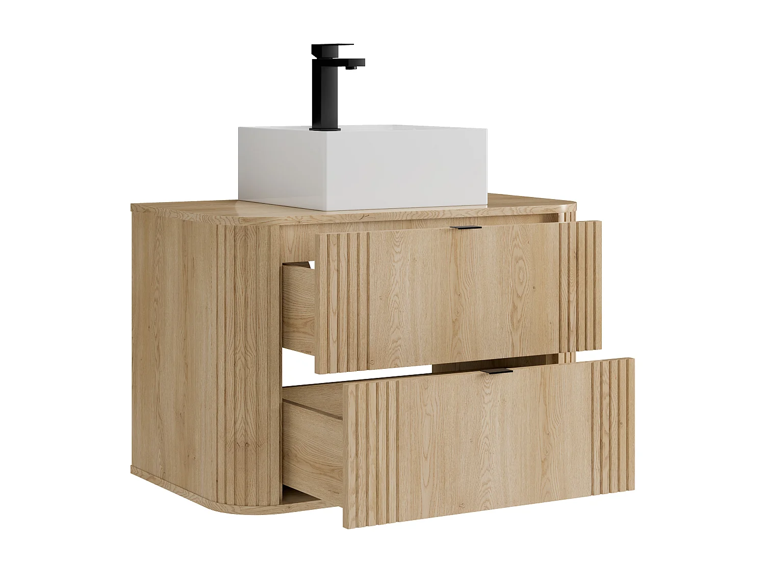 Hängender Badschrank mit Aufsatzwaschbecken quadratisch und Armatur - Helles Naturholz - 80 cm - FILOR