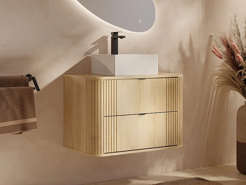 Meuble de salle de bain suspendu avec vasque à poser carrée - Naturel clair - 80 cm - FILOR