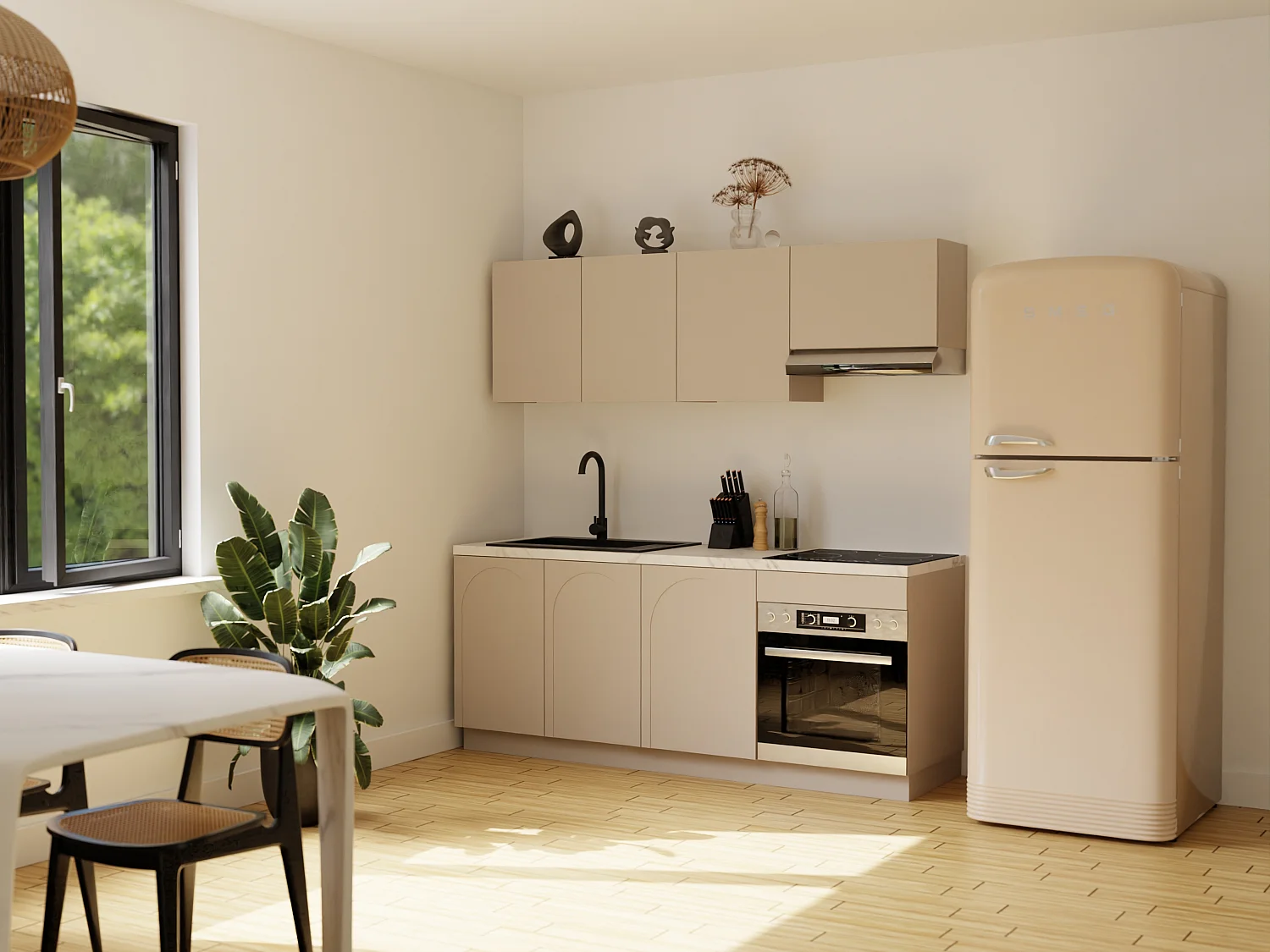Cuisine complète - Avec plan de travail 200 cm - Beige et effet marbre blanc - NALYRA