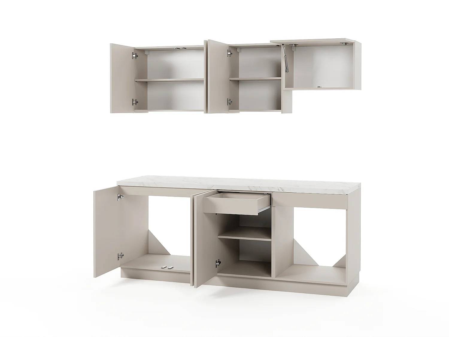 Cuisine complète - Avec plan de travail 200 cm - Beige et effet marbre blanc - NALYRA