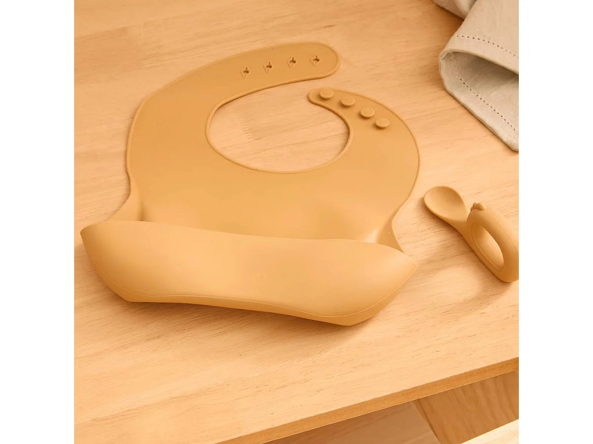 Set Bavoir & Cuillère en Silicone "Yum" 26cm Ocre