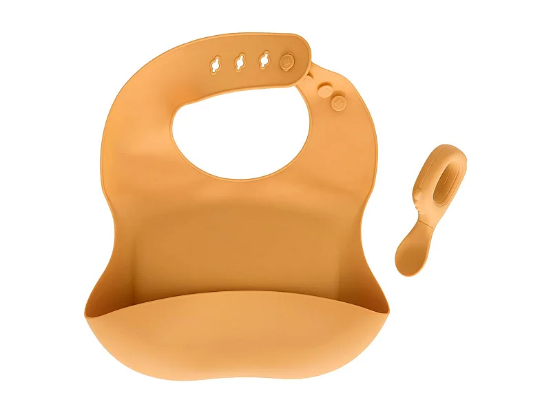 Set Bavoir & Cuillère en Silicone "Yum" 26cm Ocre