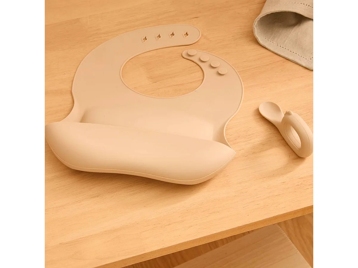 Set Bavoir & Cuillère en Silicone "Yum" 26cm Beige