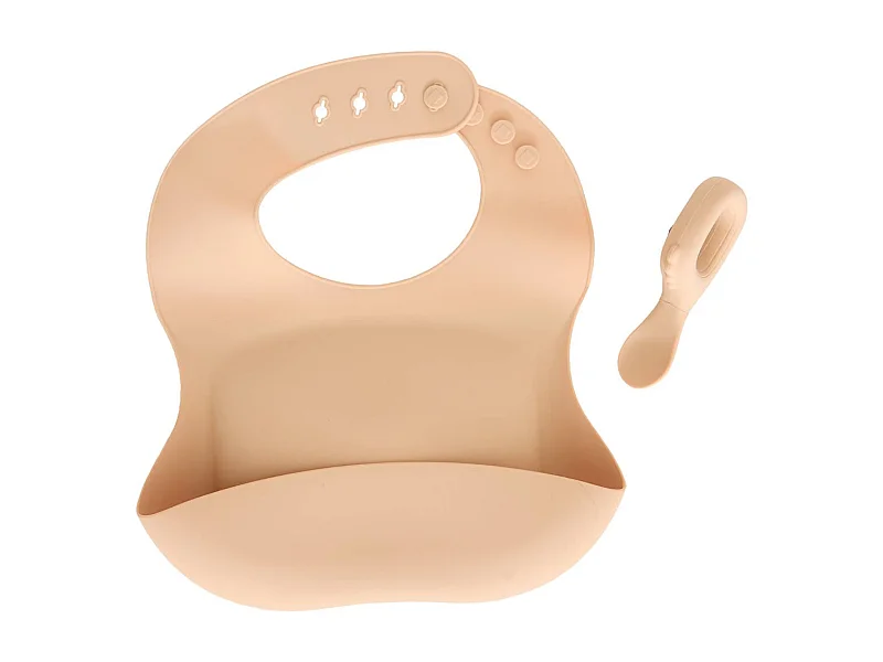 Set Bavoir & Cuillère en Silicone "Yum" 26cm Beige