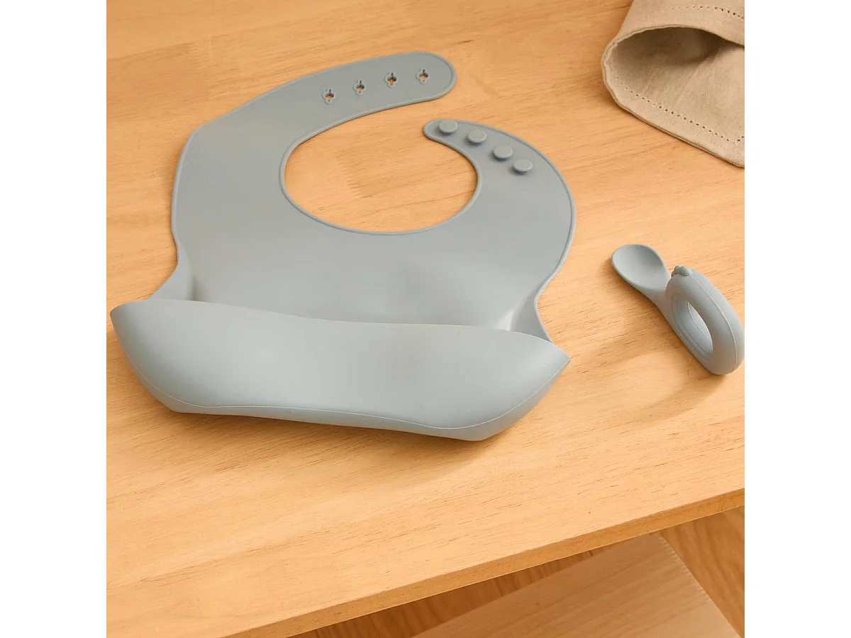 Set Bavoir & Cuillère en Silicone "Yum" 26cm Bleu