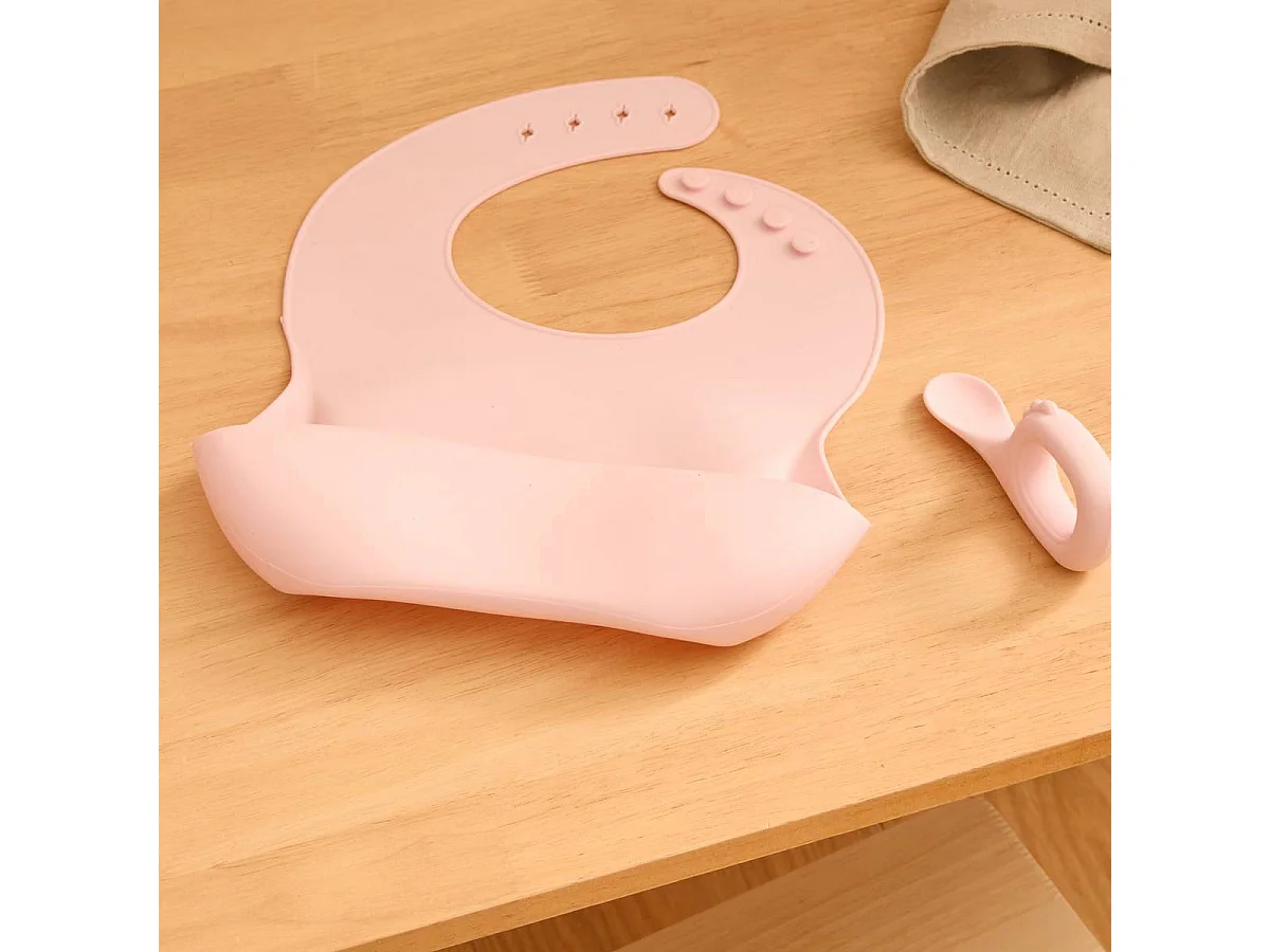 Set Bavoir & Cuillère en Silicone "Yum" 26cm Rose