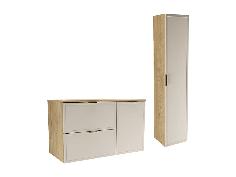 Set per bagno 100 cm Mobile con cesto portabiancheria Colonna Frontali Cornice Rovere Cremona / Kashmir Roma