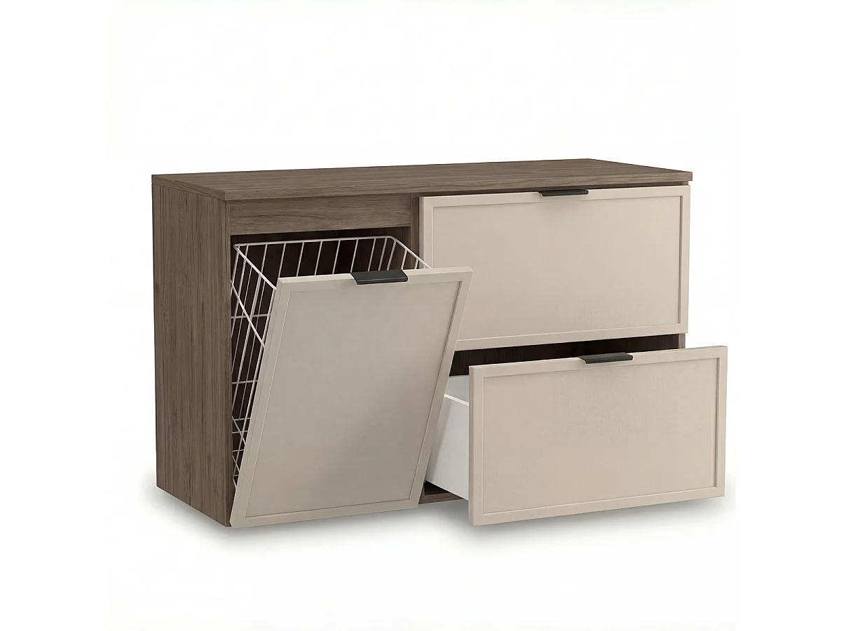 Set per bagno 100 cm Mobile con cesto portabiancheria Colonna Frontali Cornice Rovere Noce / Kashmir Roma