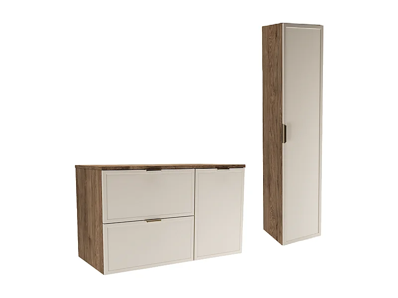 Set per bagno 100 cm Mobile con cesto portabiancheria Colonna Frontali Cornice Rovere Noce / Kashmir Roma