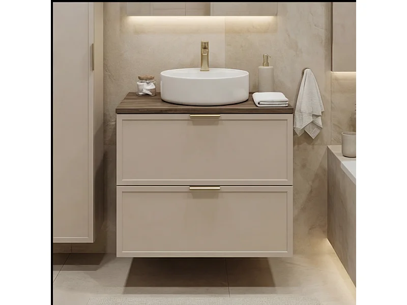 Mueble bajo lavabo con encimera de 80 cm. Frentes con marco en roble nogal / cachemira Roma.