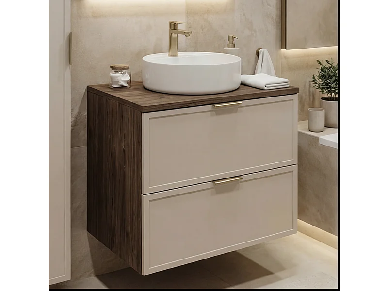 Mueble bajo lavabo con encimera de 80 cm. Frentes con marco en roble nogal / cachemira Roma.