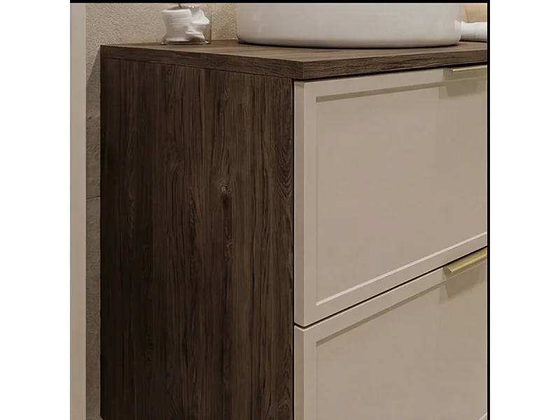 Mueble bajo lavabo con encimera de 80 cm. Frentes con marco en roble nogal / cachemira Roma.