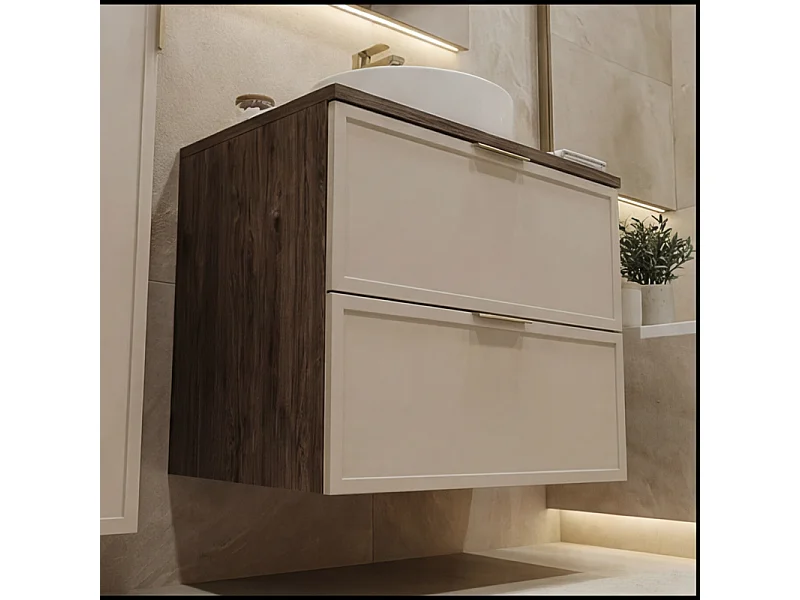 Mueble bajo lavabo con encimera de 80 cm. Frentes con marco en roble nogal / cachemira Roma.