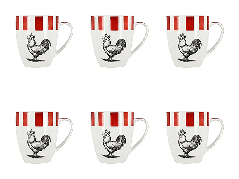 Novastyl - Lot 6 Mugs Cocorico 35cl En Porcelaine Rouge Et Blanc