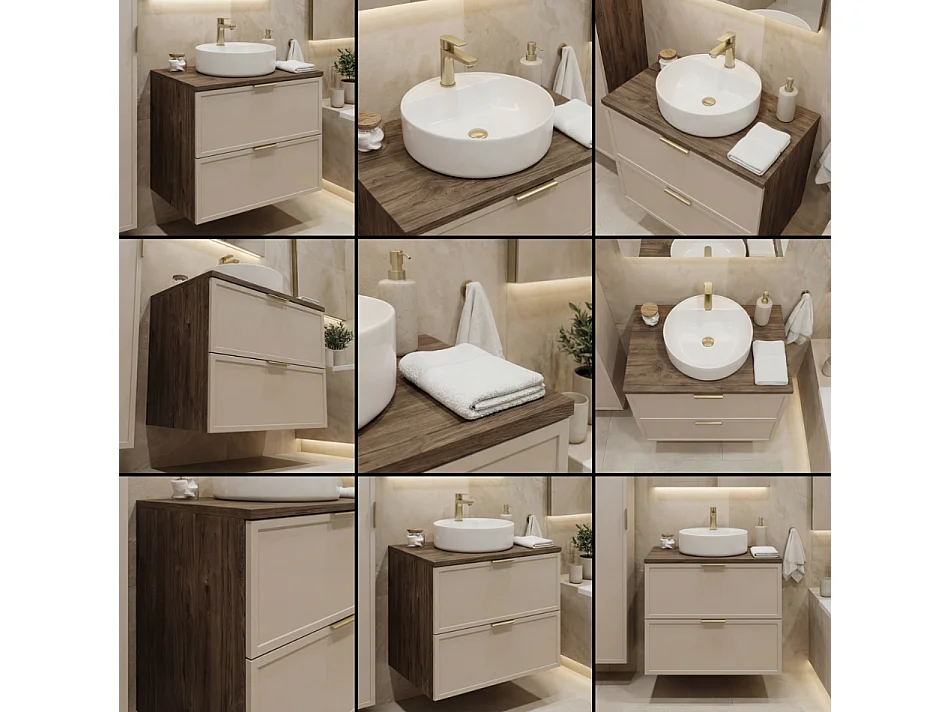 Set per bagno 80 cm Mobile con piano Colonna Frontali Cornice Rovere Noce / Kashmir Roma