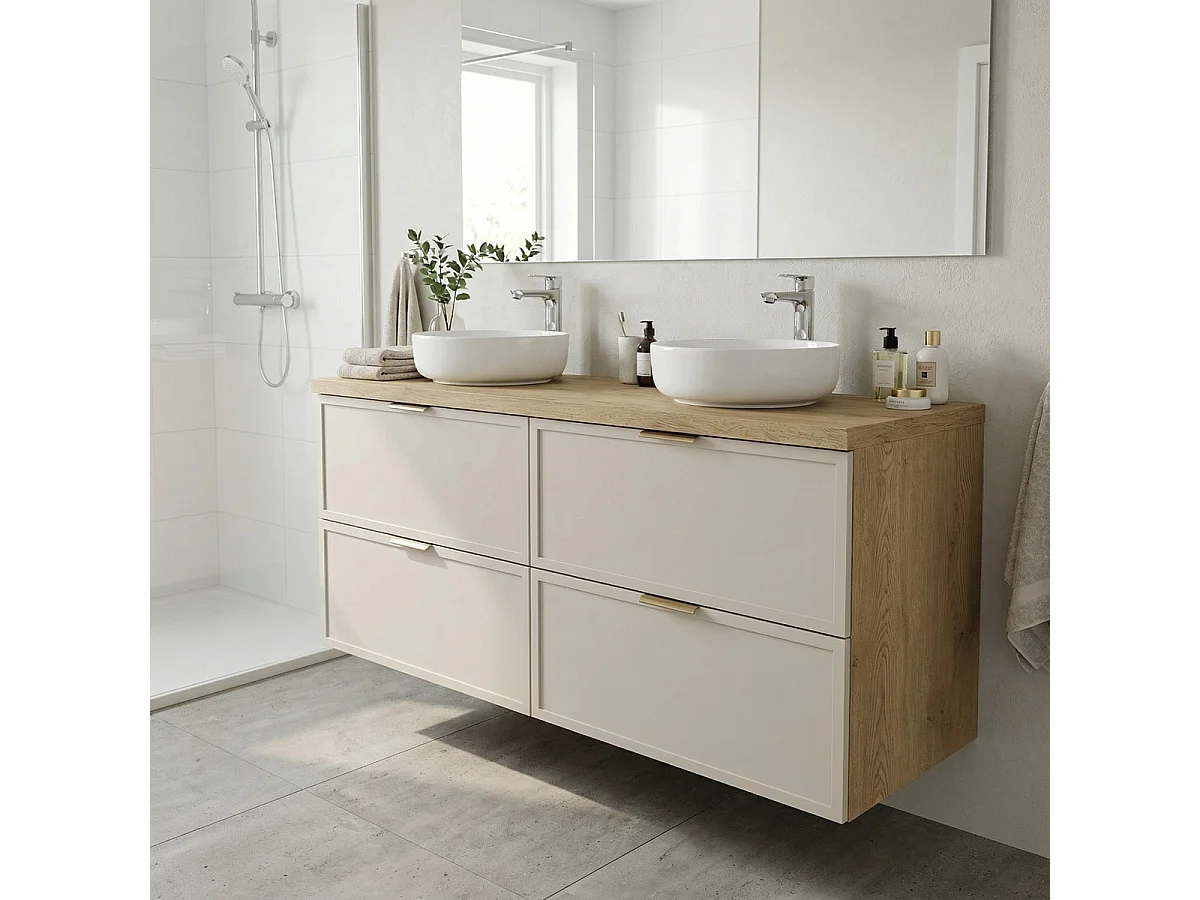 Mueble bajo lavabo con encimera de 120 cm. Frentes con marco en roble Cremona / Cachemira Roma.