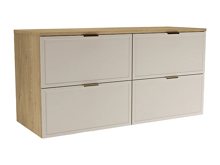 Mueble bajo lavabo con encimera de 120 cm. Frentes con marco en roble Cremona / Cachemira Roma.