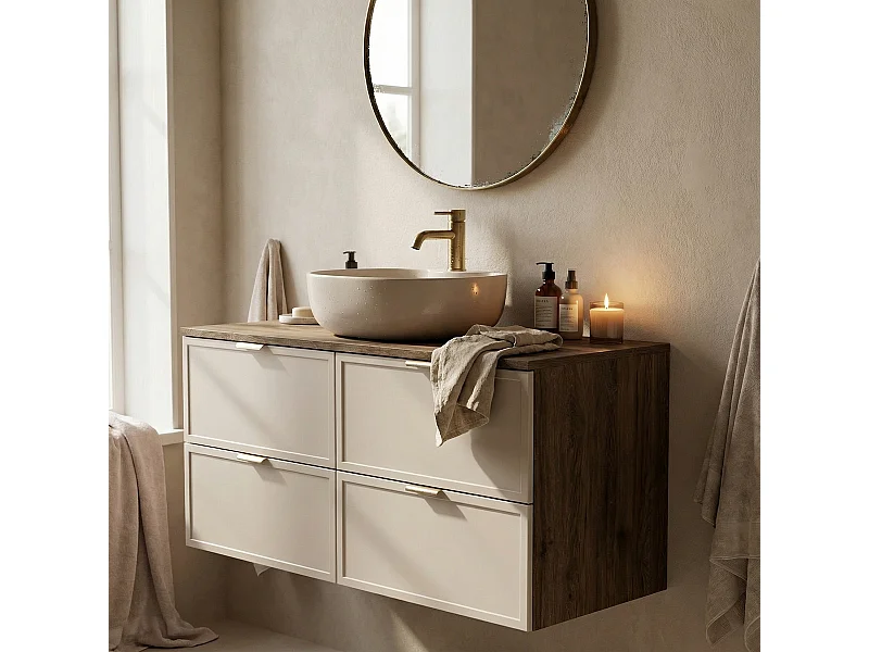 Mueble bajo lavabo con encimera de 120 cm. Frentes con marco en roble Cremona / Cachemira Roma.