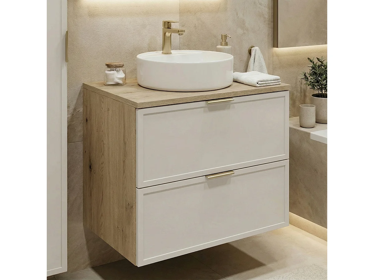 Armario para lavabo con encimera de 60 cm. Frentes con marco en roble Cremona / Cachemira Roma.