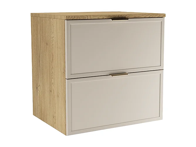 Armario para lavabo con encimera de 60 cm. Frentes con marco en roble Cremona / Cachemira Roma.