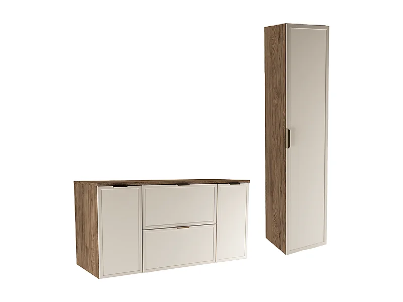 Set per bagno 120 cm Mobile con piano 2D2S Colonna Frontali Cornice Rovere Noce / Kashmir Roma