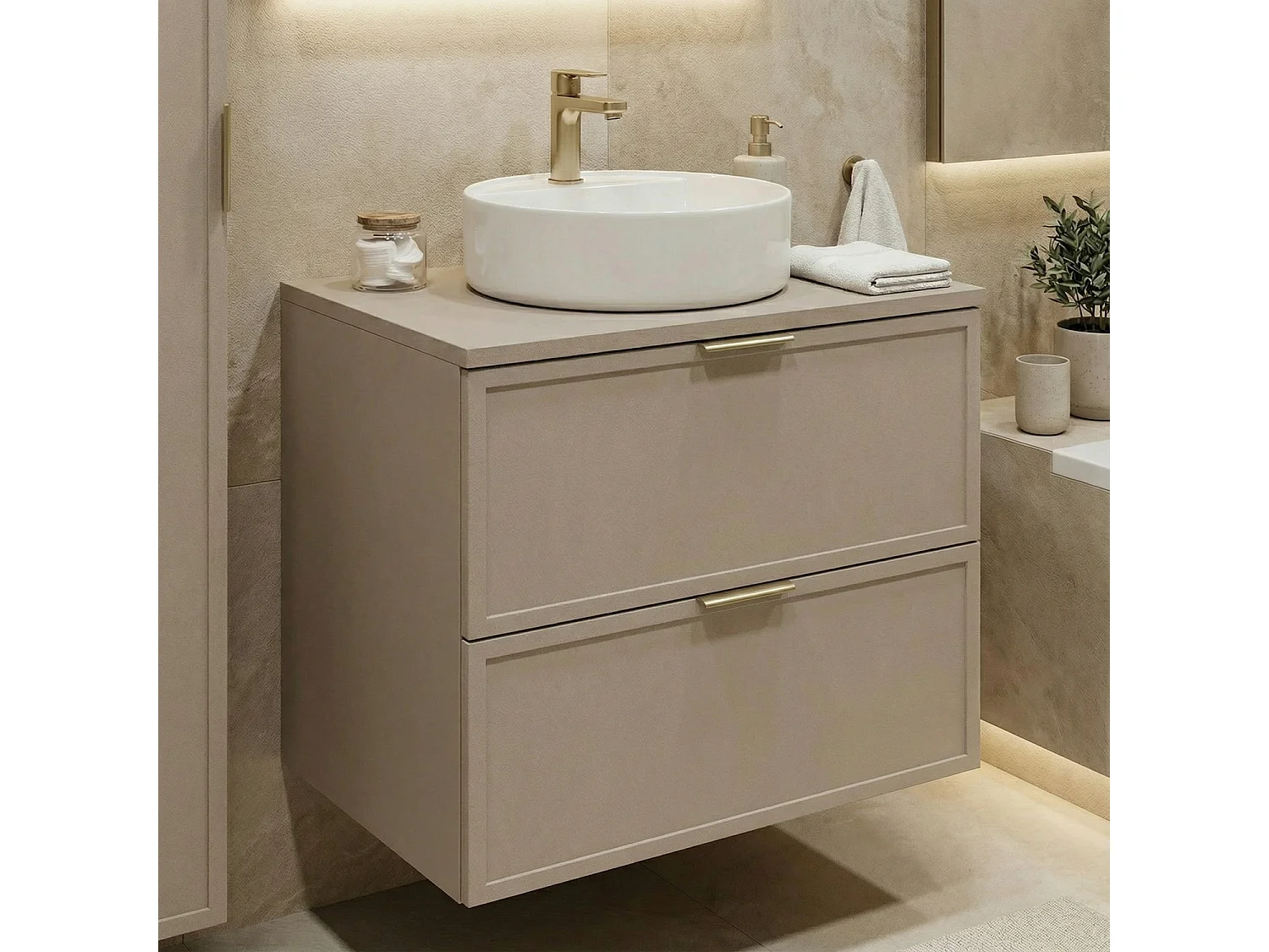 Armario de cachemira para lavabo con encimera de 80 cm. Frentes con marco Roma.