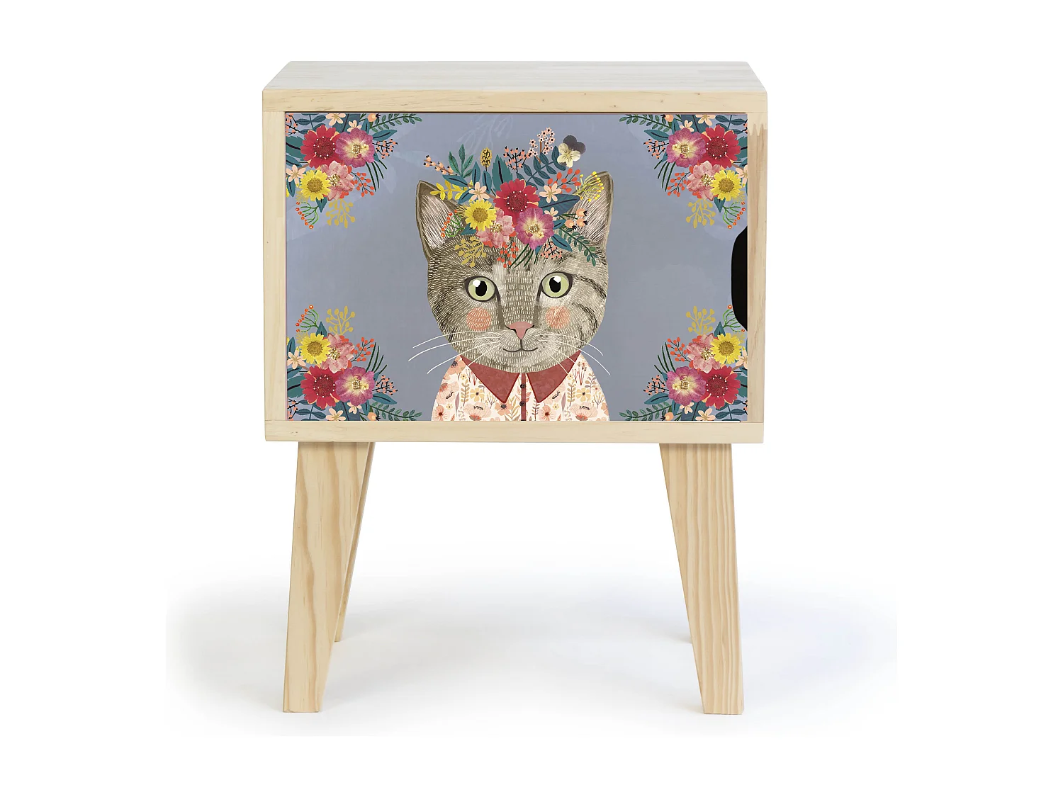 Table de chevet en pin pour enfant dessin de chat floral