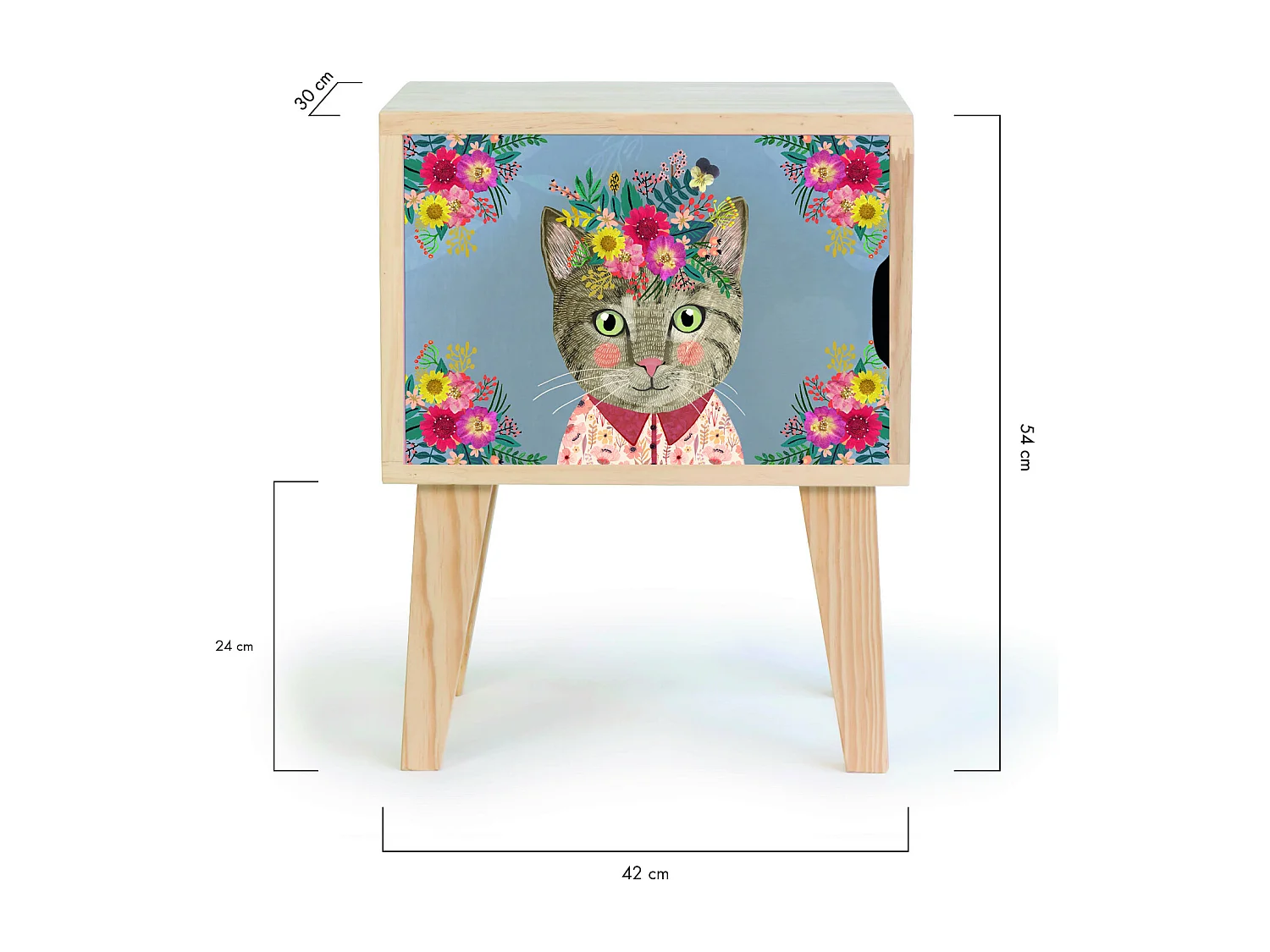 Table de chevet en pin pour enfant dessin de chat floral