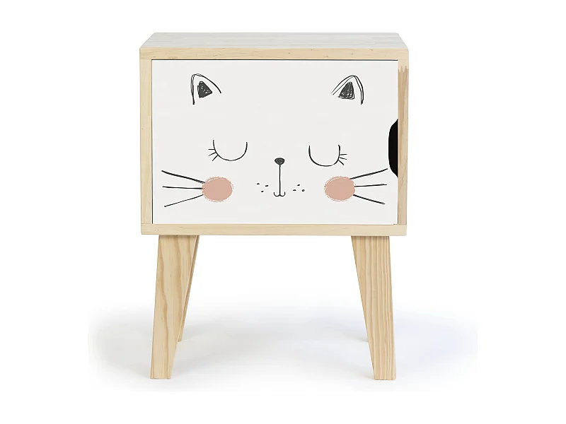 Mesita de noche de pino infantil con dibujo de gato
