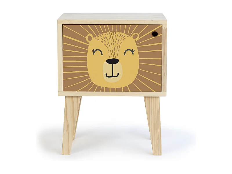 Mesita de noche de pino para niños con dibujo de león.