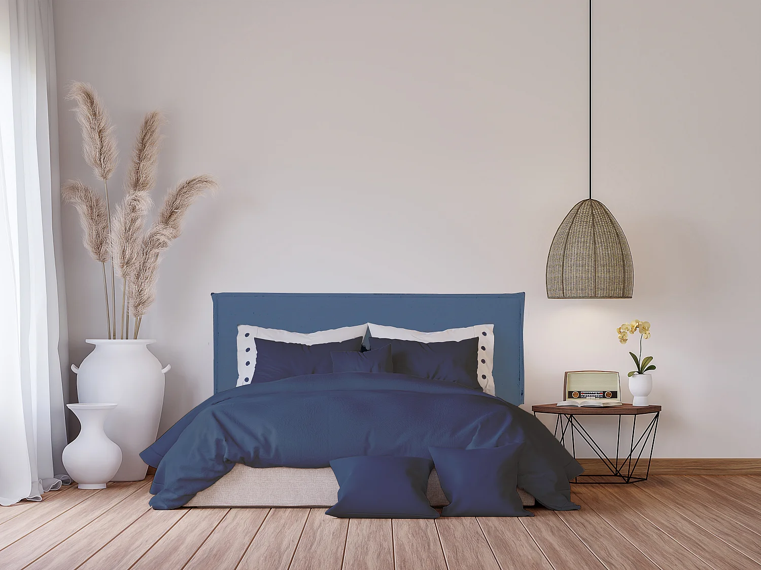 Cabecero tapizado de tela 100% lino azul 145x100 cm