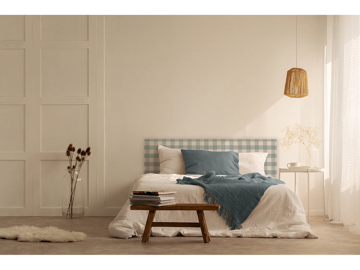 Tête de lit tapissée en vichy turquoise 145x52cm