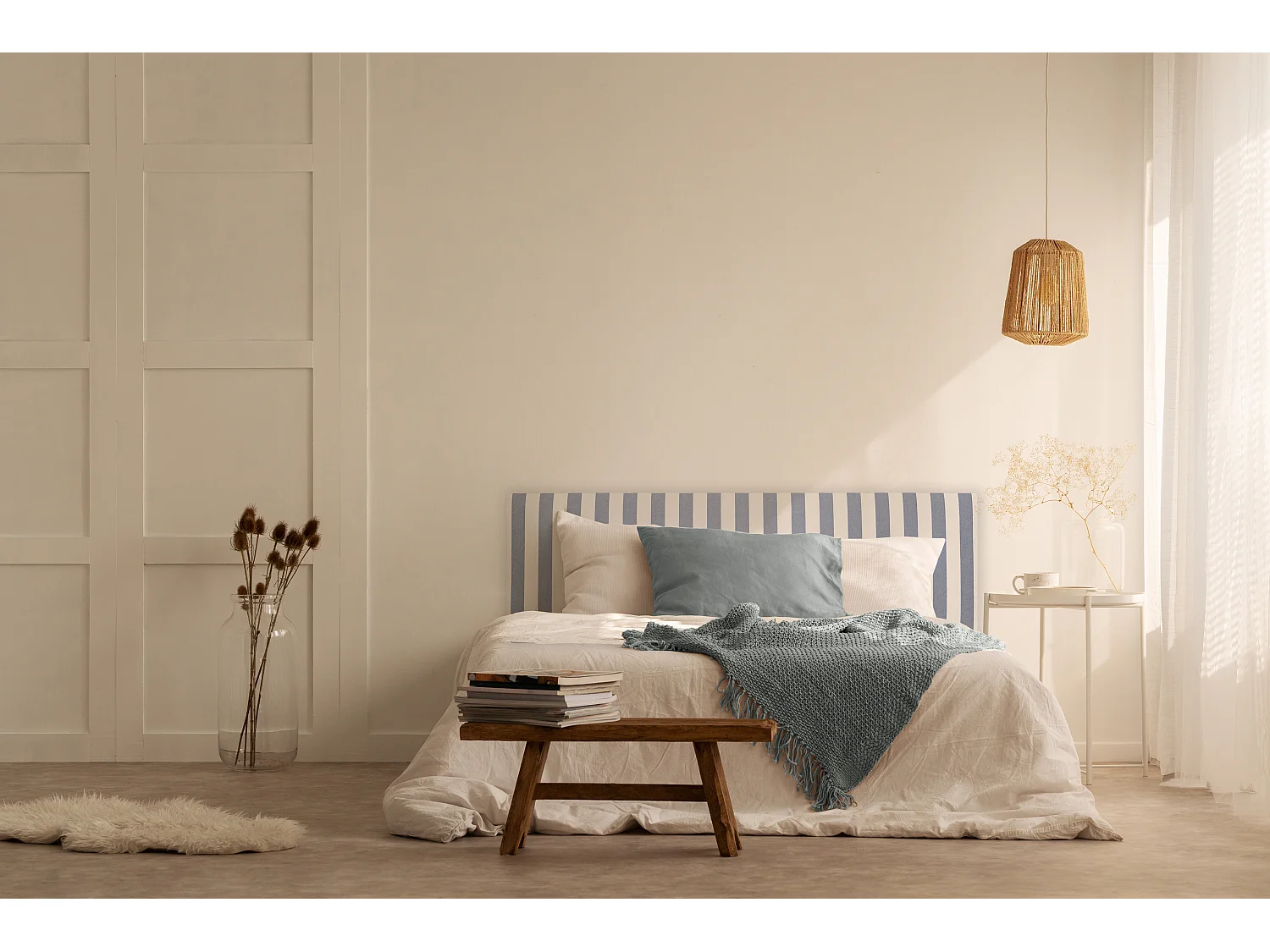 Cabecero tapizado de tela rayas azules 165x52cm