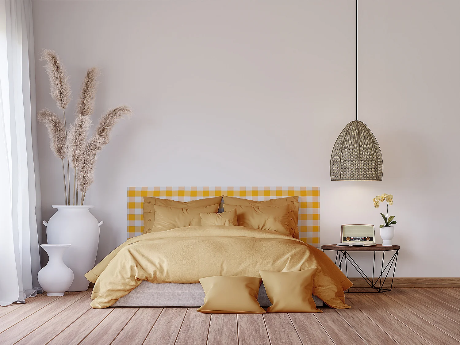 Tête de lit tapissée en vichy jaune 165x52cm