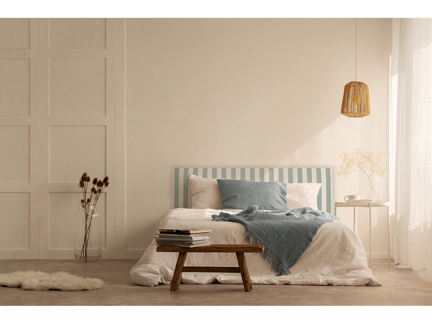 Tête de lit tapissée en tissu rayé turquoise 145x52cm