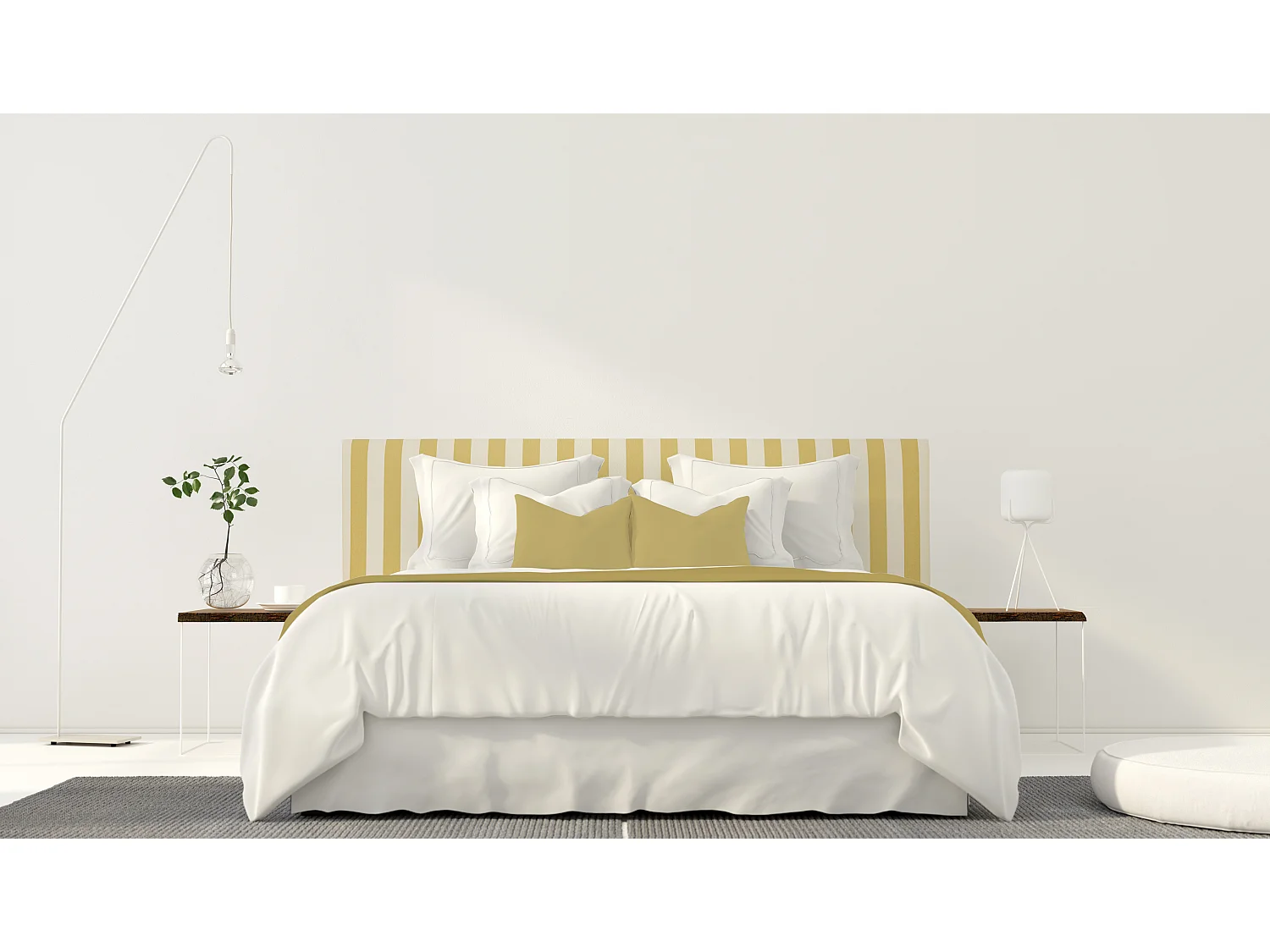 Tête de lit tapissée en tissu rayé jaune 145x52cm