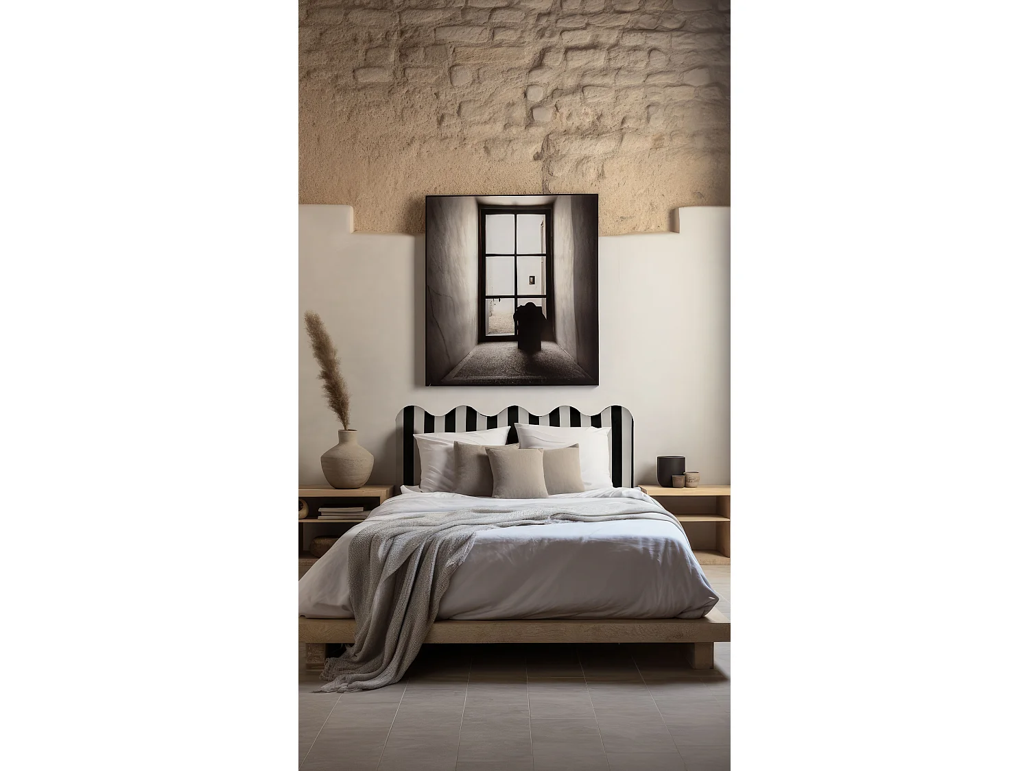 Cabecero tapizado forma ondulada franjas blancas y negras 160x73,5cm